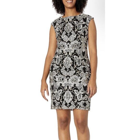 Donna Ricco Dresses & Skirts - Donna Ricco Sheath Dress Women's Sz 4 Metallic Floral Embroidered Black Cocktail